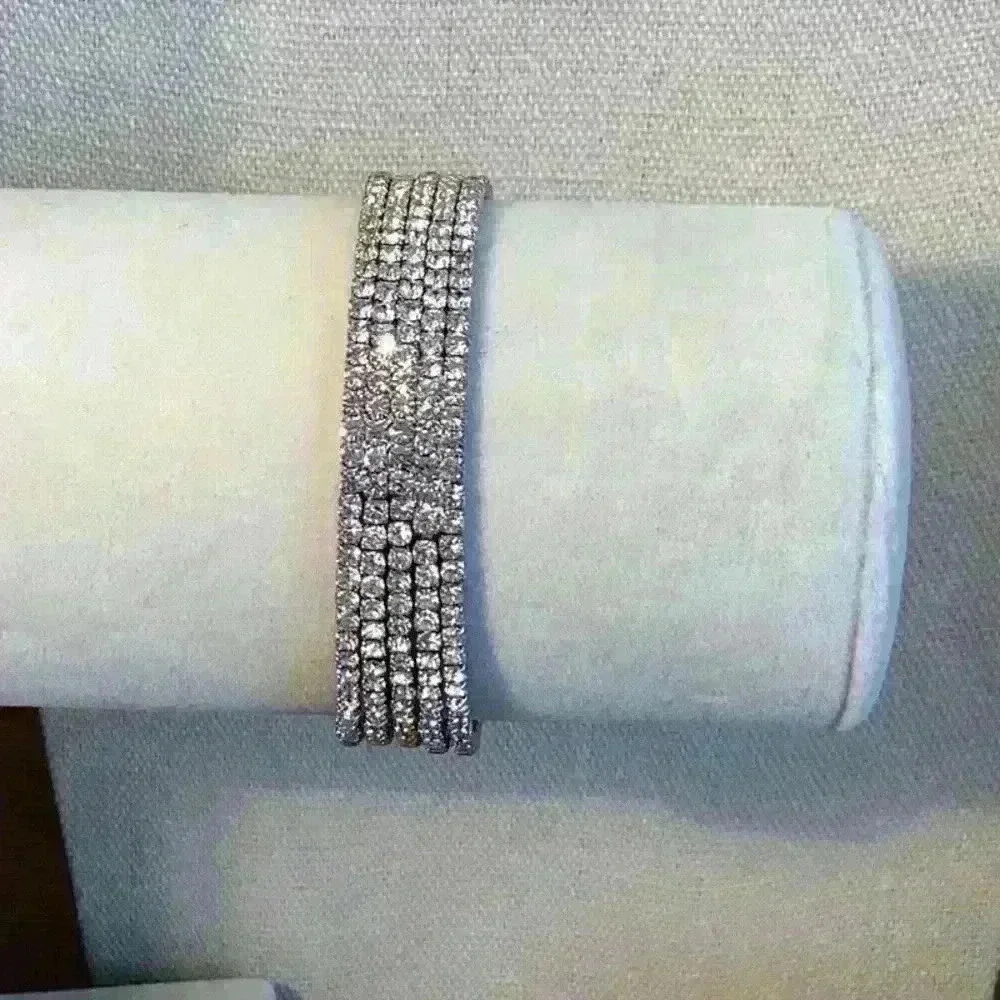 Vintage Silver Rhinestone Stretch Cuff